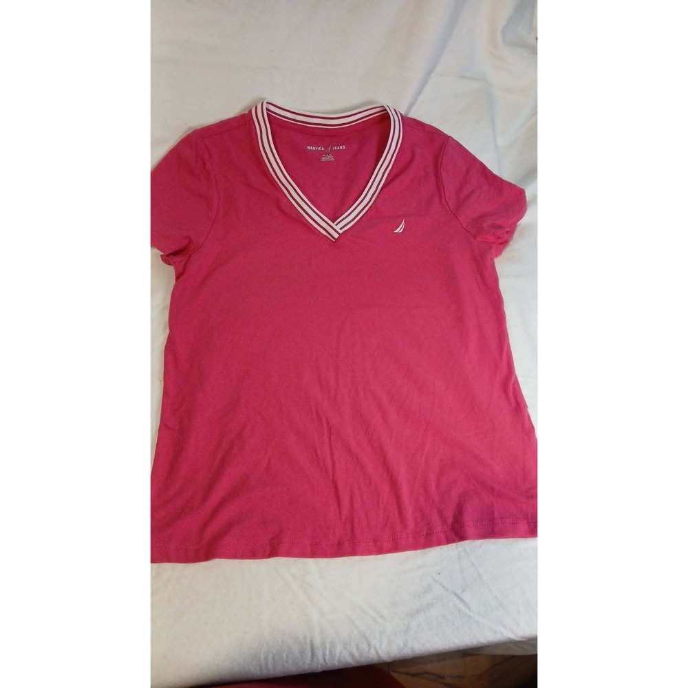 Nautica Jeans Womens Hot Pink V-Neck Short Sleeve T-Shirt Y2K Sporty Size Medium